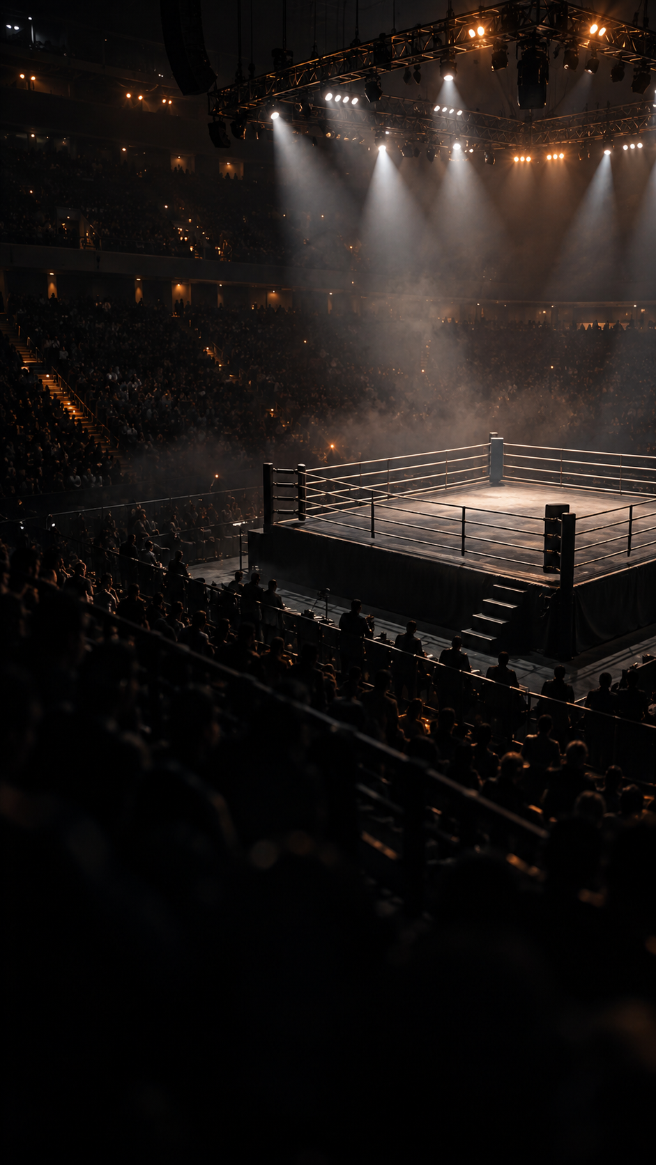 An empty combat-sports ring under arena lights